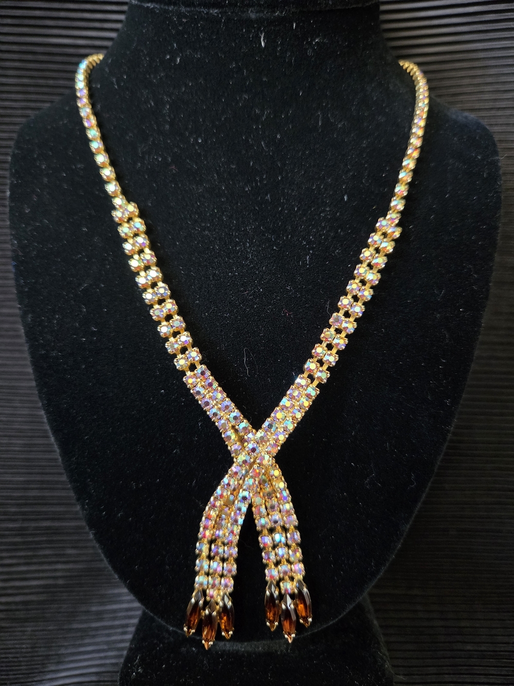 Vtg Continental Gold-Tone Aurora Crystal Lariat Necklace